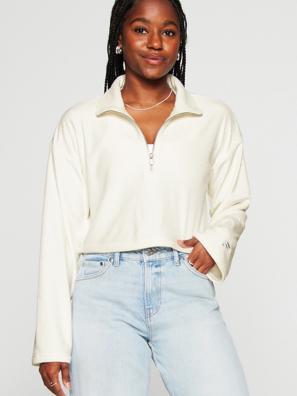 Fabletics Cropped Cream Plush Rib Half Zip Sweatshirt- Women XL